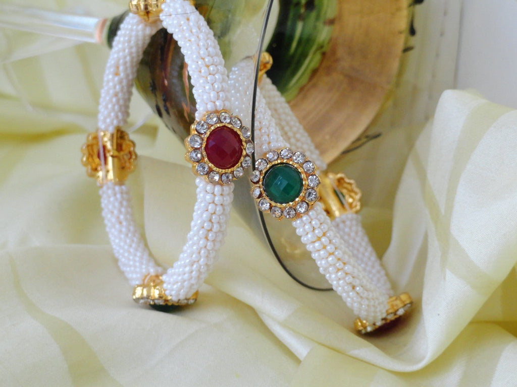 bracelet bangles indian pearl bead white, red green stone artikriti 1