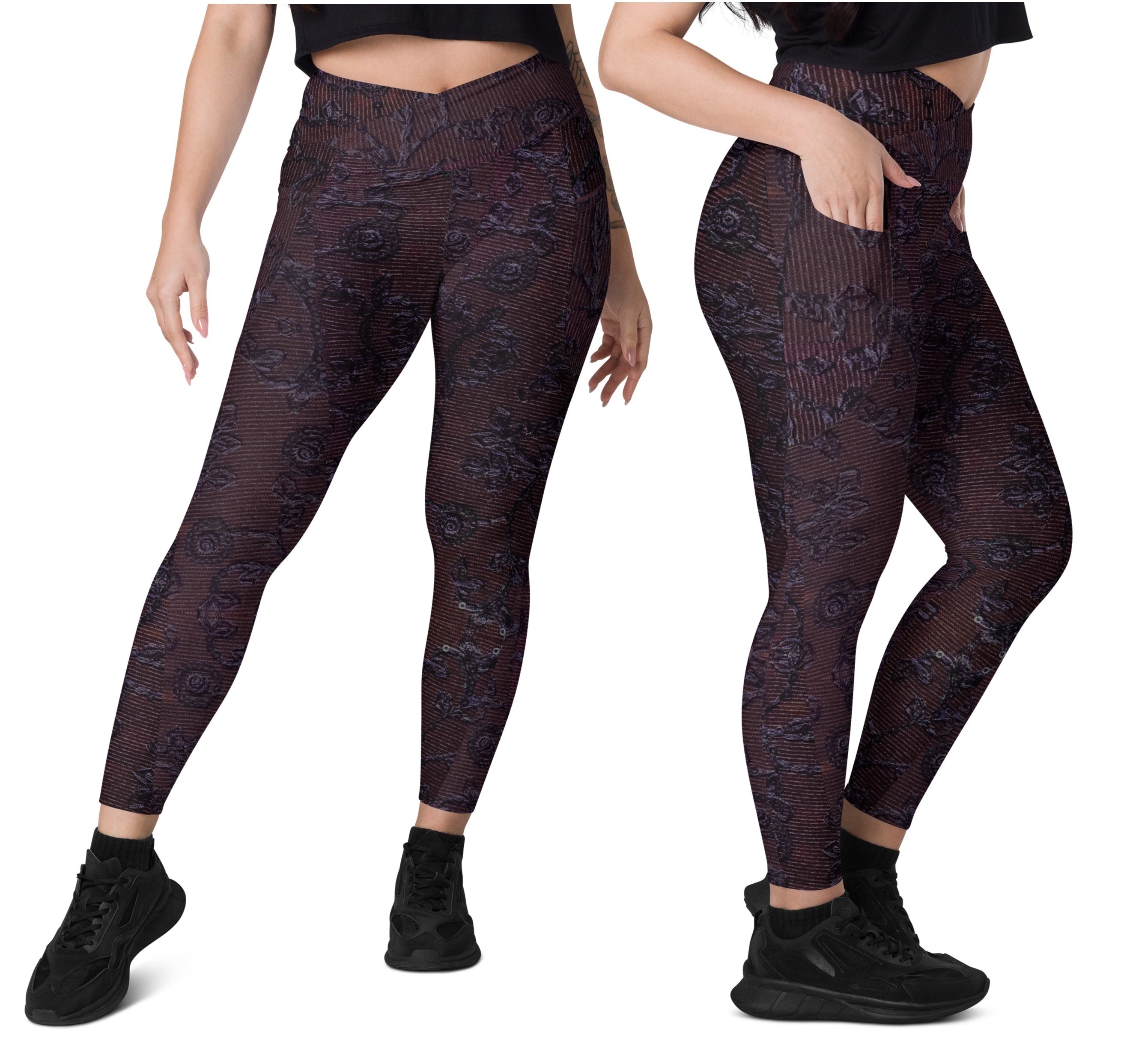 Crossover Waist Gym leggings with pockets. Boho Yoga Pants, Runner's,  Dancer's Leggings. Noor by Artikrti.