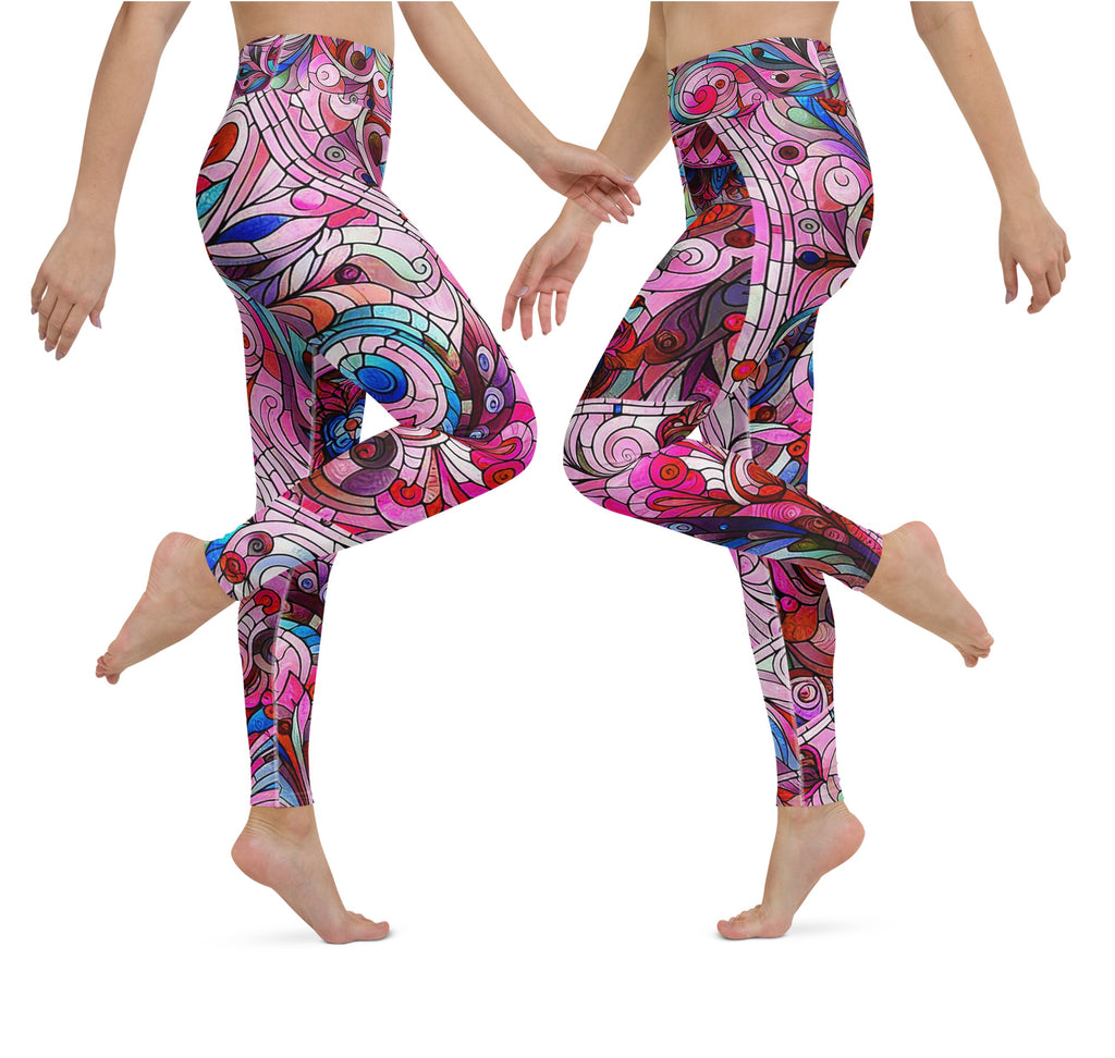 Boho high waist yoga pants. Gym or Dance Leggings. Activewear & Streetwear.  Pink Peacock by Artikrti.