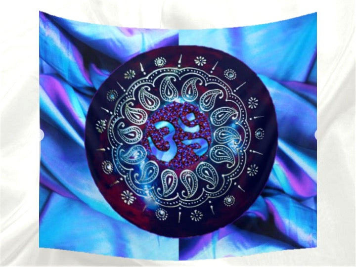 om AUM fabric tapestry blue purple kolam style art artikrti2