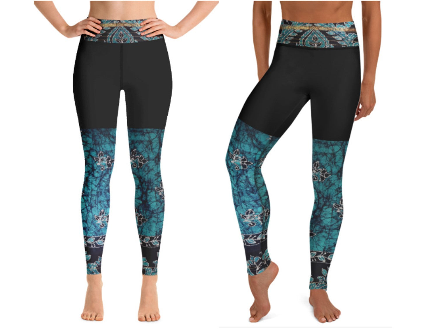 Yoga pants- black with a splash of teal green. High waist women's