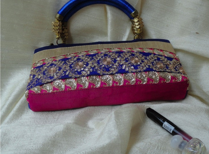 wedding gold sequins blue pink silk handbag indian artikrti