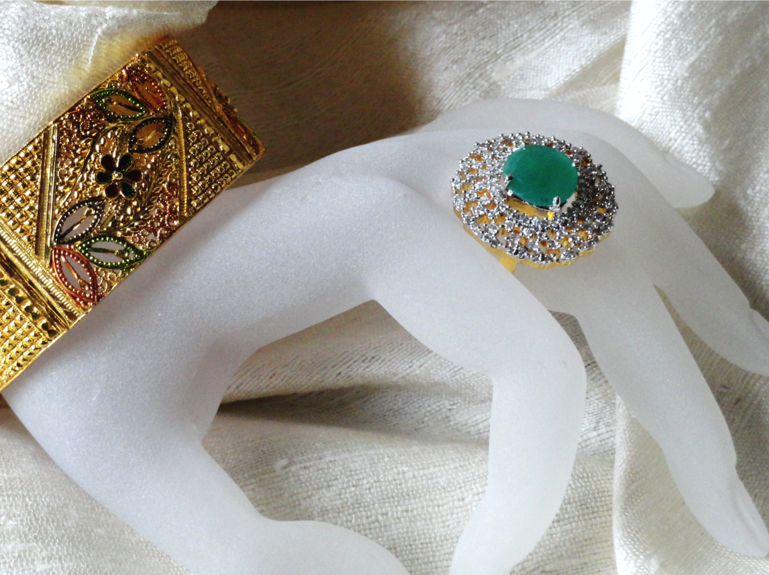 U Shape Green and White Stone Finger Ring - South India Jewels