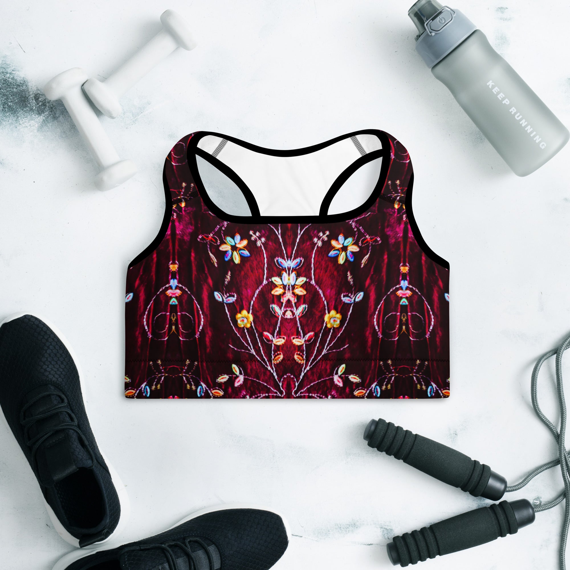 Wine Red Sports Bra or Yoga Crop Top. Unique Boho Indian design  print-Pookal. From Artikrti.