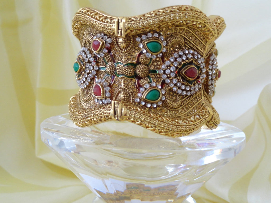 Indian broad bracelet jewelry, red, green, white stones artikrti 3