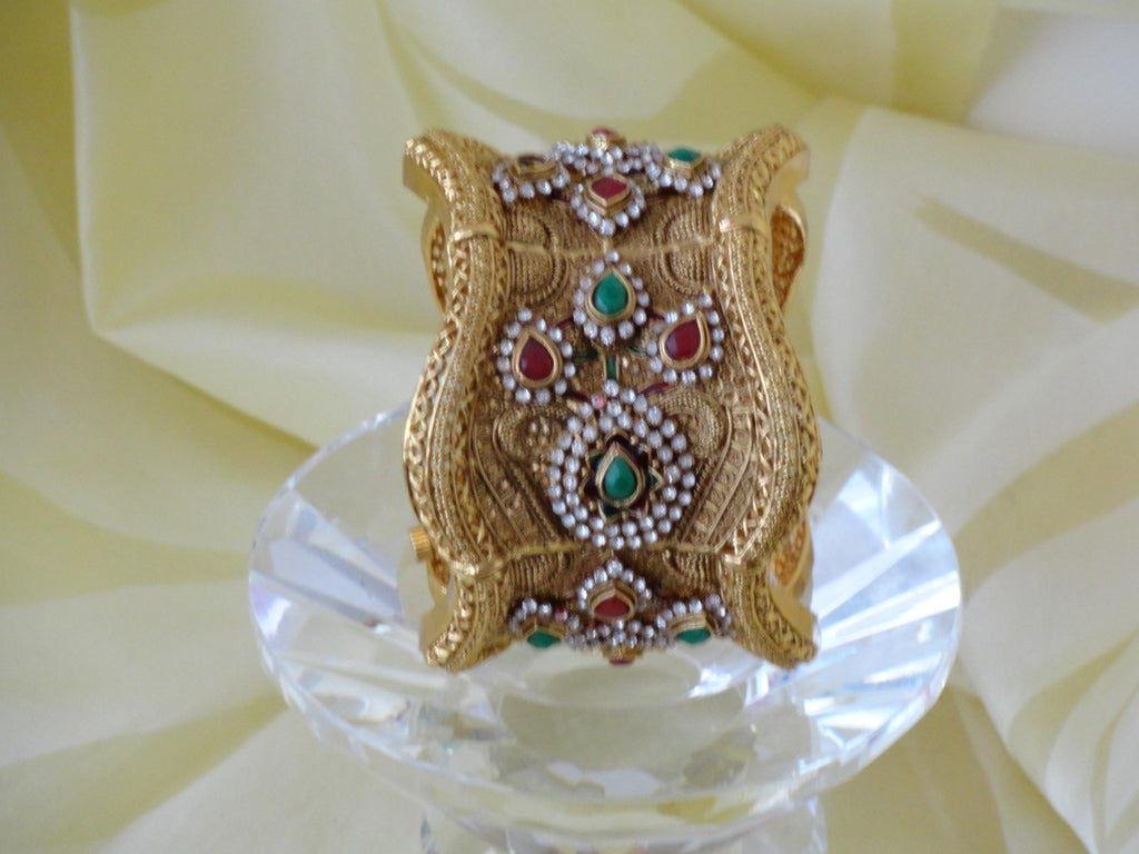 Indian broad bracelet jewelry, red, green, white stones artikrti 4