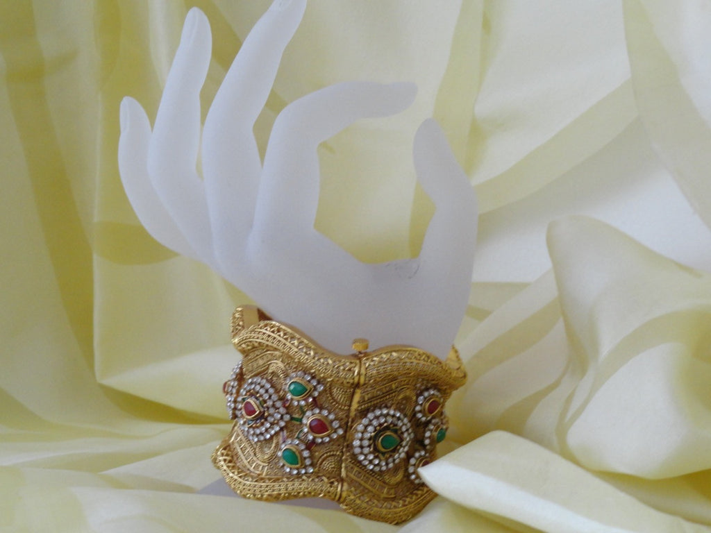Indian broad bracelet jewelry, red, green, white stones artikrti 5