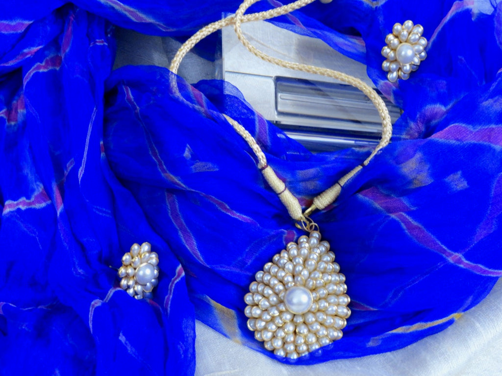 Eesha- Indian jewelry- pendant chain choker, ear rings white beads artikrti 3