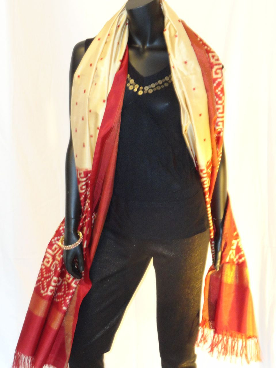 Indian silk stole or Ethnic boho beige red silk scarf