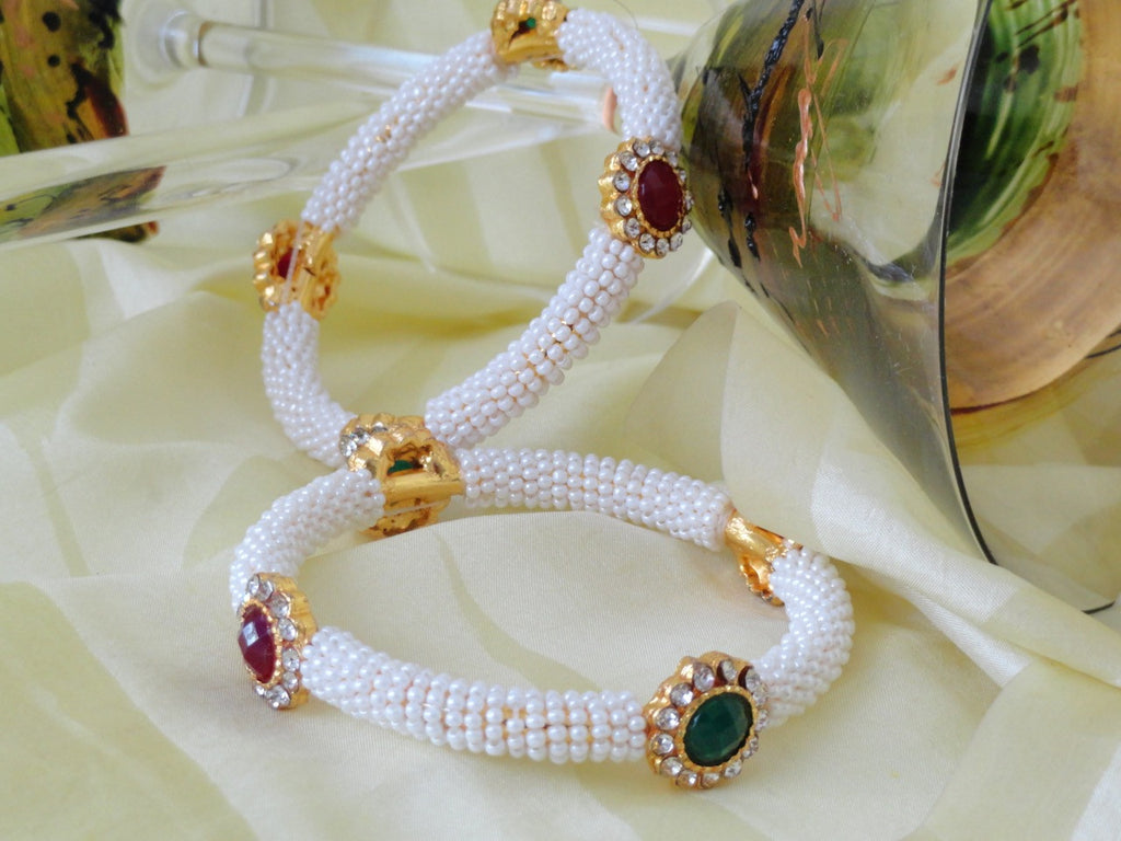 bracelet bangles indian pearl bead white, red green stone artikriti 4