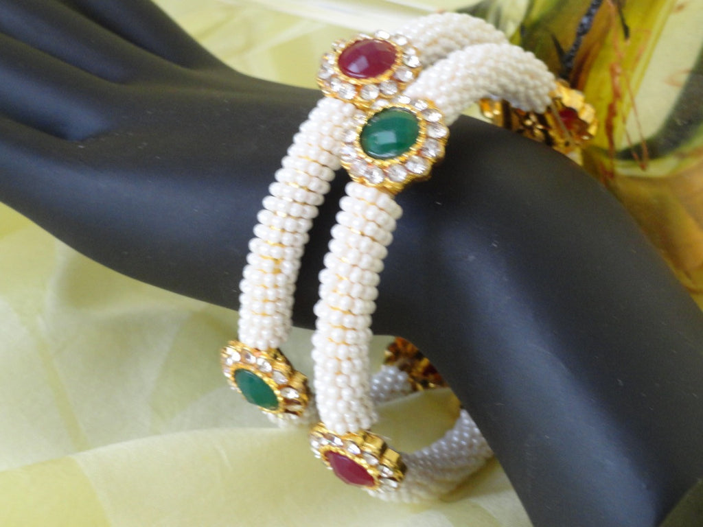 bracelet bangles indian pearl bead white, red green stone artikriti 5