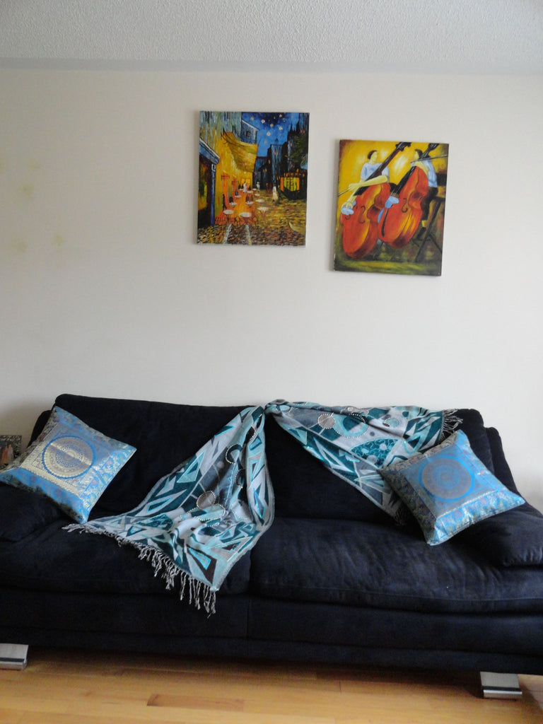 Indian sofa throw cotton silk, ethnic turquoise blue artikrti th1005 4