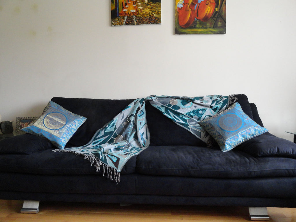Indian sofa throw cotton silk, ethnic turquoise blue artikrti th1005 1 