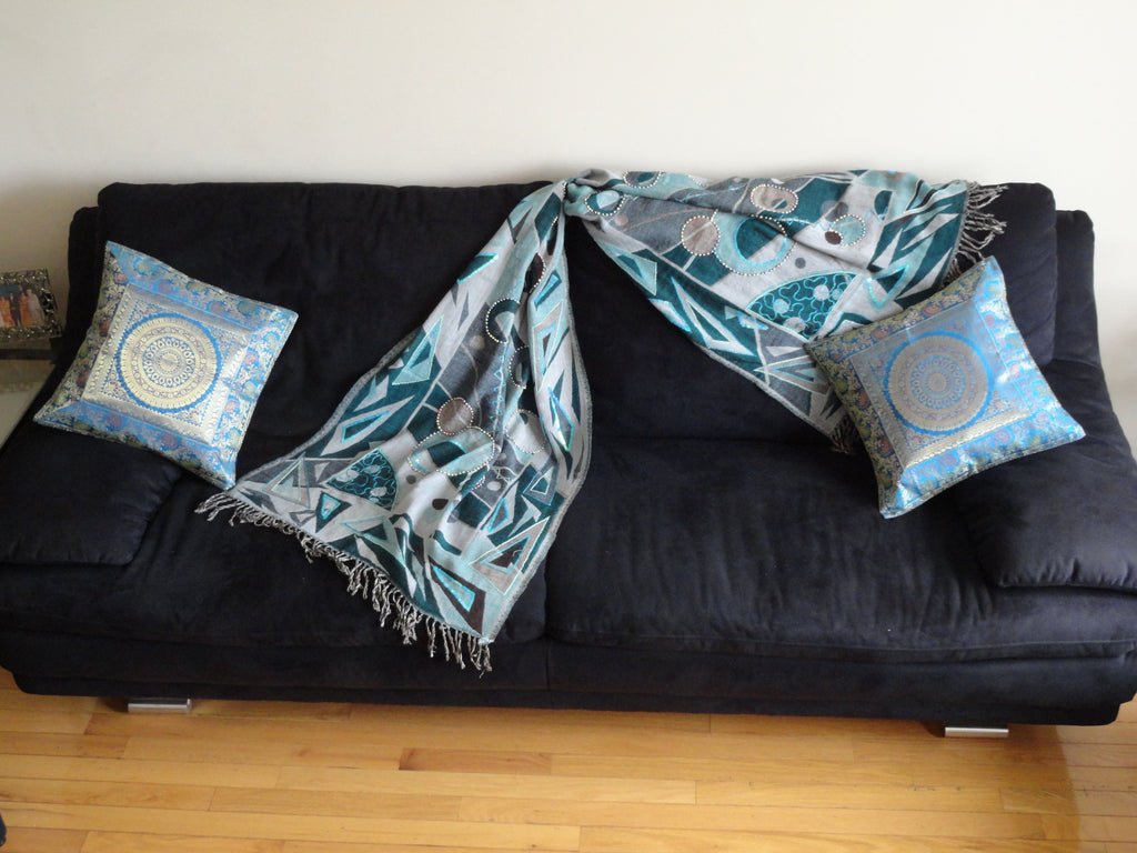 Indian sofa throw cotton silk, ethnic turquoise blue artikrti th1005 6